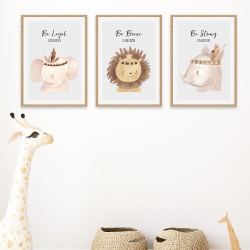 Boho Jungle Safari Animals Personalized Nursery  Wall Art Sets