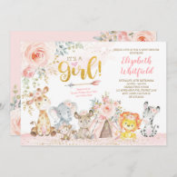 Boho Jungle Safari Blush Floral Girl Baby Shower Invitation