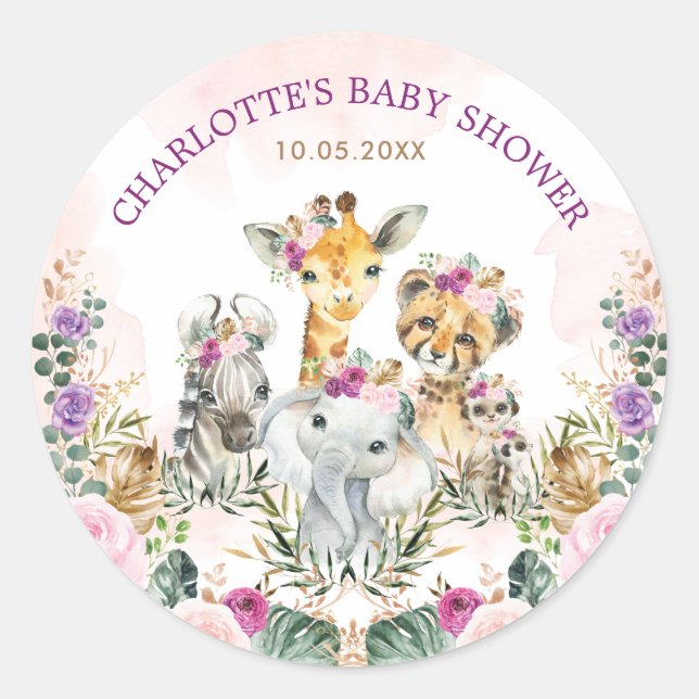 Boho Jungle Safari Tropical Wild Animals Baby Girl Classic Round Sticker (Front)
