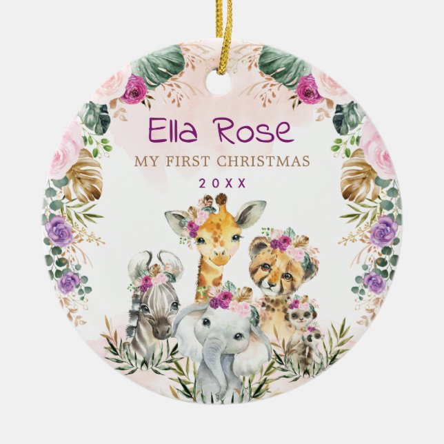 Boho Jungle Safari Wild Animals Baby 1st Christmas Ceramic Ornament (Front)