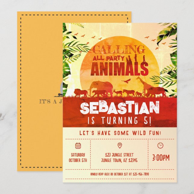 Boho Jungle Safari Wild Animals Kids Birthday Invitation (Front/Back)