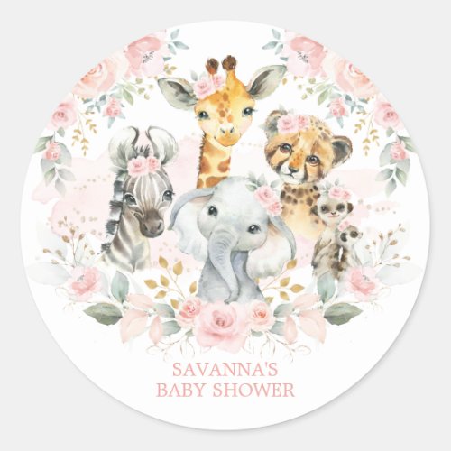 Boho Jungle Wild Animals Pink Floral Baby Girl Classic Round Sticker