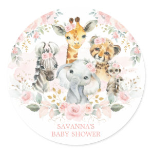 Boho Jungle Wild Animals Pink Floral Baby Girl Classic Round Sticker