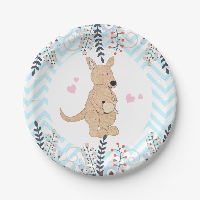 Boho Kangaroo Baby Shower Blue Chevron Paper Plate (Front)