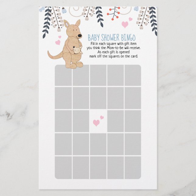 Boho Kangaroo Boy Baby Shower Bingo Game (Front)