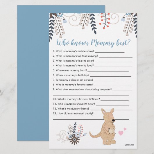 Boho Kangaroo Boy Baby Shower Who Knows Mommy Game (Front/Back)