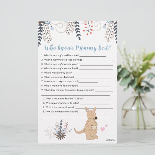 Boho Kangaroo Boy Baby Shower Who Knows Mommy Game (Standing Front)
