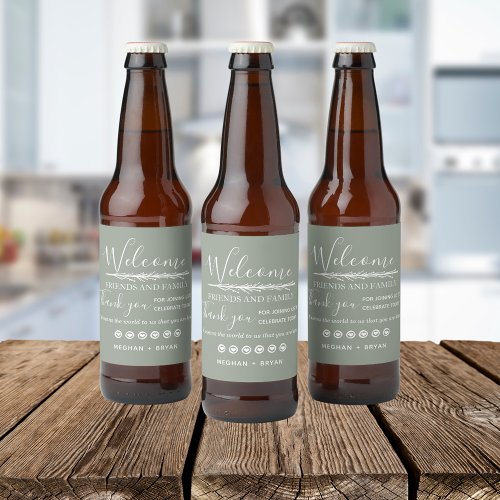 Boho Khaki Green Welcome To Our Wedding Beer Bottle Label