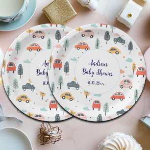 Boho Kids Cars, Trees & Clouds Pattern Baby Shower Paper Plates