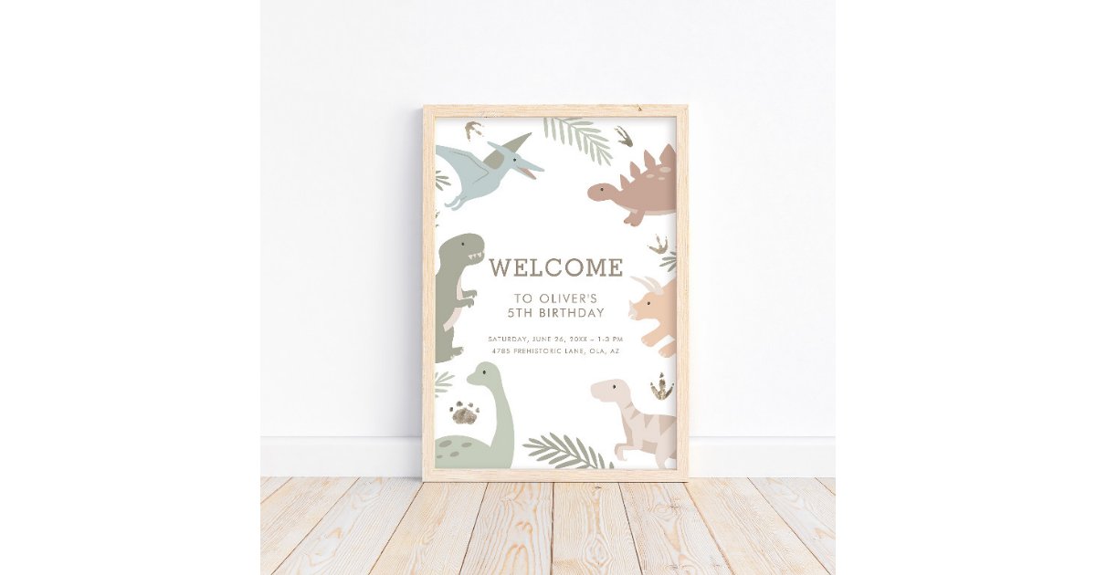 Boho Kids Dinosaur-Theme Birthday Sign Poster | Zazzle