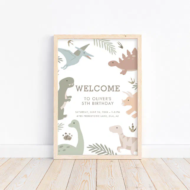 Boho Kids Dinosaur-Theme Birthday Sign Poster | Zazzle