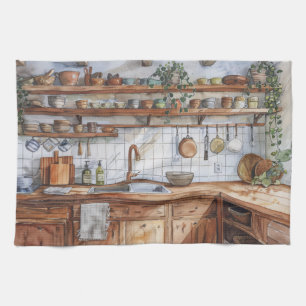 Boho Kitchen Interior Watercolor with Open Shelves Towel