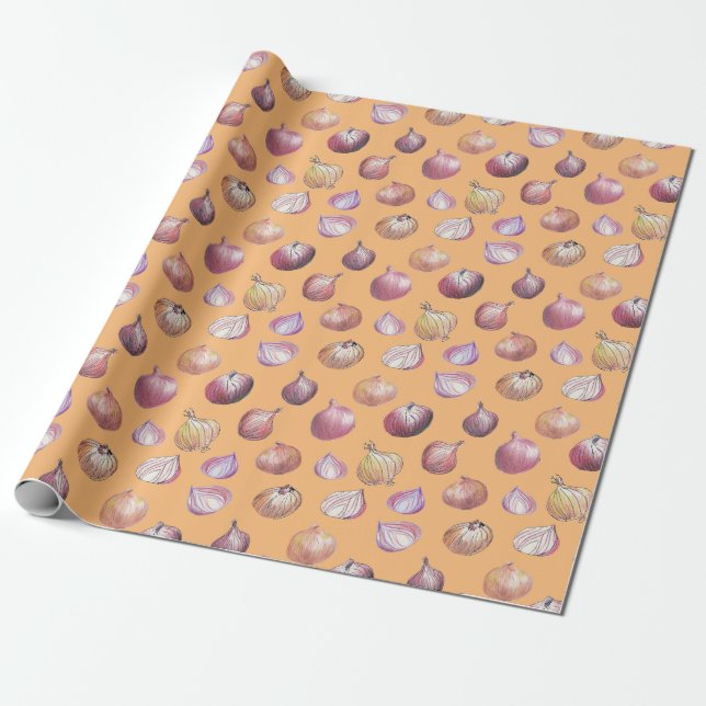 Boho Kitchen Onions Hand-Drawn Veggies Terracotta Wrapping Paper (Unrolled)