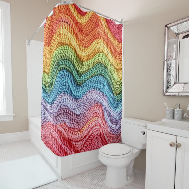 Boho Knit Striped Colorful, Cozy & Artisanal Vibes Shower Curtain (In Situ)