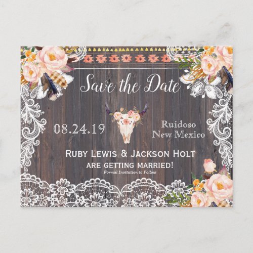 Boho Lace and Floral Rustic Save The Date Announcement Postcard