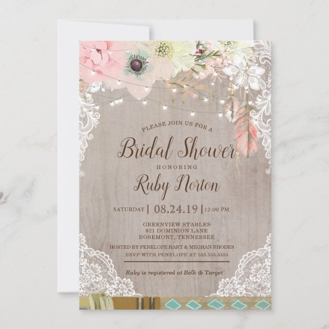 Boho Lace Lights & tribal feather Bridal Shower Invitation (Front)