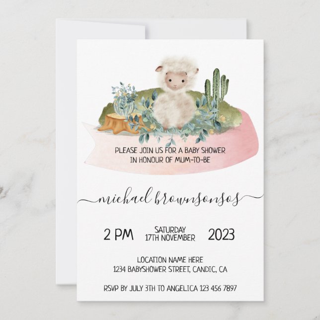 Boho Lamb Sheep Tropical Baby Shower Invitation (Front)