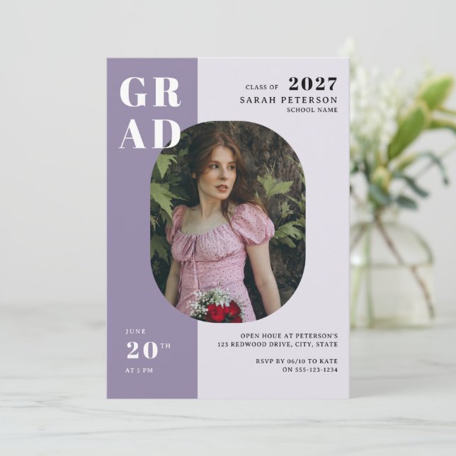 Boho Lavender Bold Typography Photo Graduation Invitation (Standing Front)