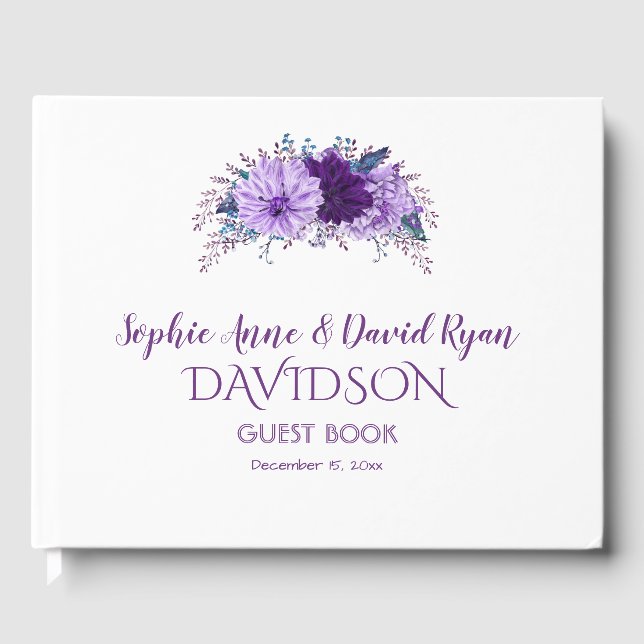Boho Lavender Floral Plum Purple Wedding Guest Book (Front)
