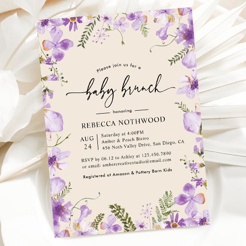 Boho Lavender Lilac Florals Baby Brunch Invitation