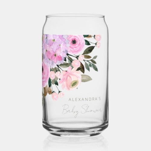 Boho Lavender Pink Floral Watercolor Baby Shower Can Glass