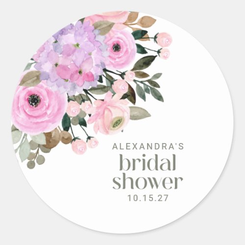 Boho Lavender Pink Floral Watercolor Bridal Shower Classic Round Sticker