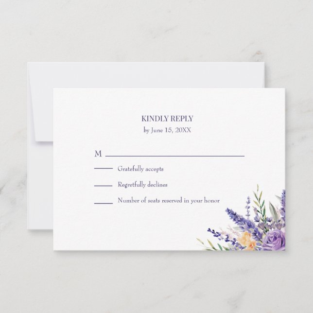 Boho Lavender Watercolor Wildflower Wedding RSVP Card (Front)