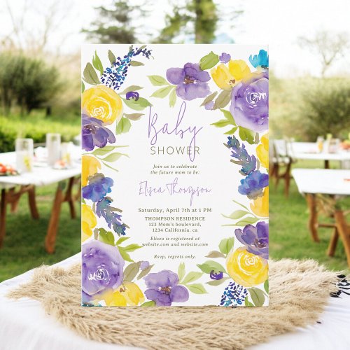 Boho lavender yellow floral baby shower invitation