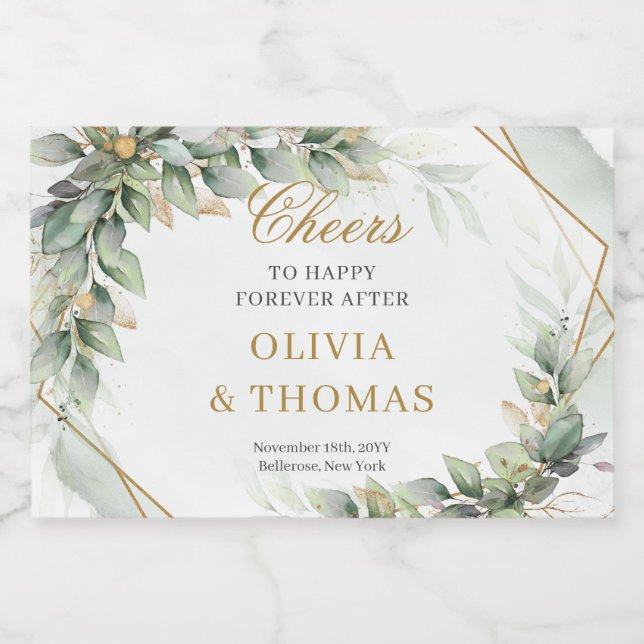 Boho lavish eucalyptus greenery and gold wedding liquor bottle label (Single Label)