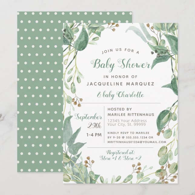 BOHO Leaf Foliage Eucalyptus Greenery Baby Shower Invitation (Front/Back)
