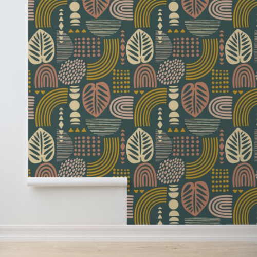 Boho Leaf Line Pattern Wallpaper
