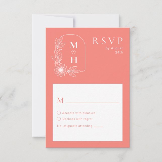 Boho Leaf Monogram Coral Pink Wedding RSVP Card (Front)