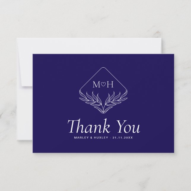 Boho Leaf Monogram Simple Blue and White Wedding Thank You Card (Front)