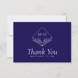 Boho Leaf Monogram Simple Blue and White Wedding Thank You Card