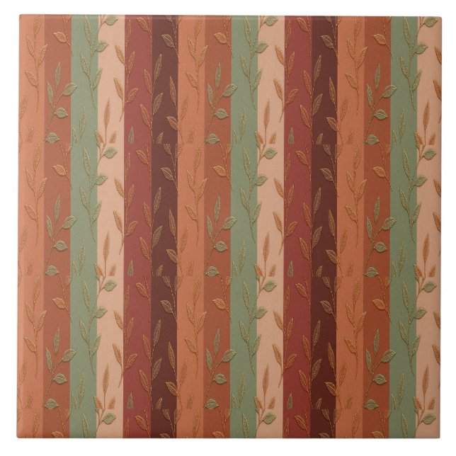 Boho Leaf Pattern – Rustic Botanical Design Ceramic Tile (Front)