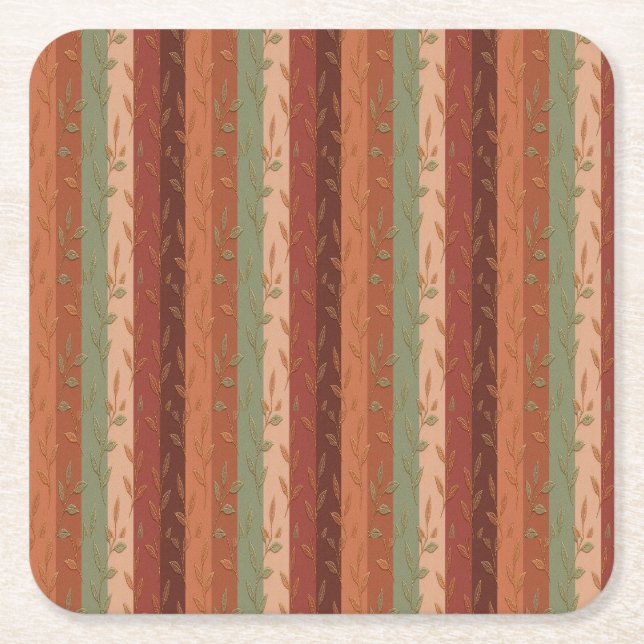 Boho Leaf Pattern – Rustic Botanical Design Square Paper Coaster (Front)