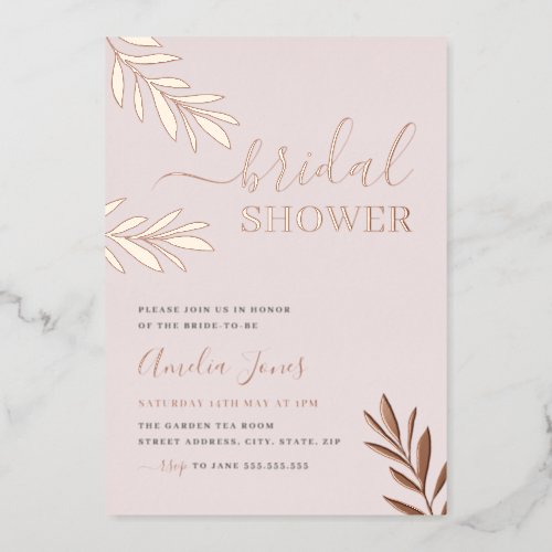 Boho Leaf Rose Gold Bridal Shower Foil Invitation