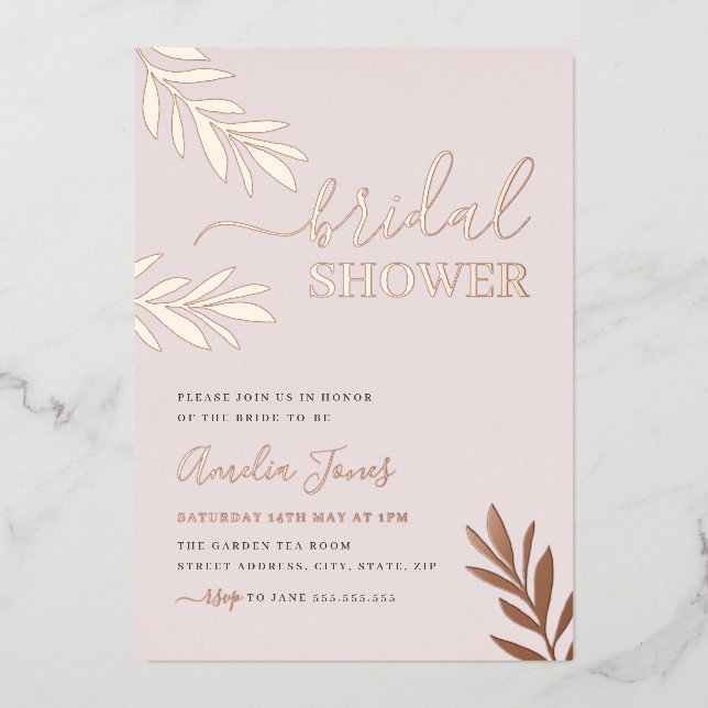 Boho Leaf Rose Gold Bridal Shower Foil Invitation (Front)