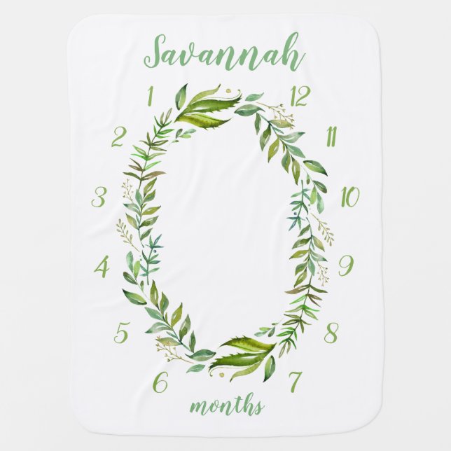 Boho Leaves Baby Name Monthly Milestone Photo Baby Blanket (Front)