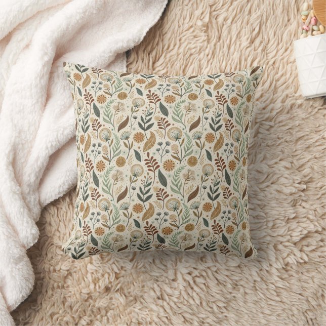 Boho Leaves Botanical Brown Green Terracotta Beige Throw Pillow (Blanket)