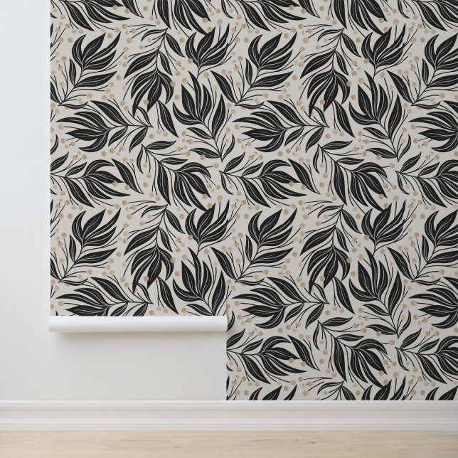Boho Leaves Leaf Pattern White And Green Wallpaper (Application)