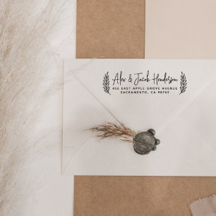 Boho Leaves Modern Script Wedding Return Address Rubber Stamp