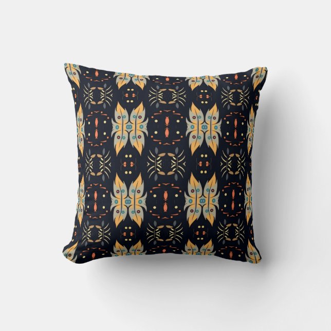 Boho Leaves mustard yellow and blue Throw Pillow (Front)