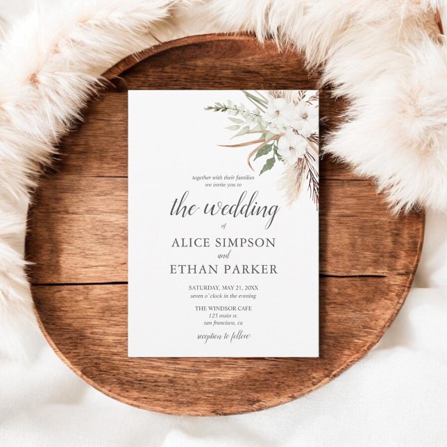 Boho Leaves Pampa Grass Wedding Invitation (Creator Uploaded)