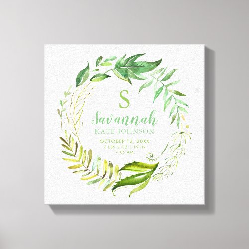 Boho Leaves Personalized Baby Birth Stats Canvas Print