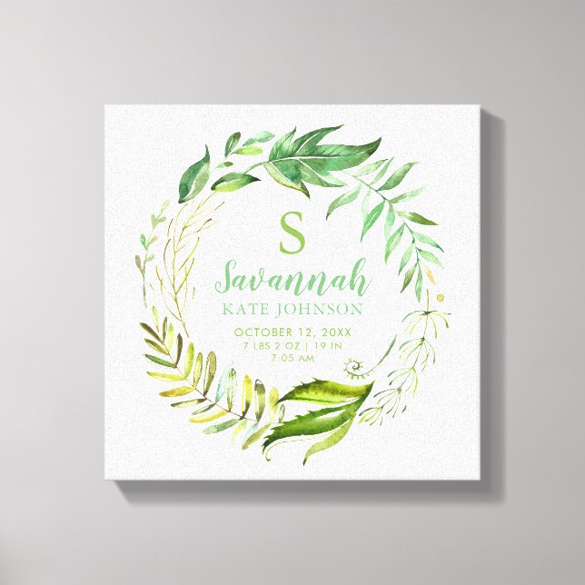 Boho Leaves Personalized Baby Birth Stats Canvas Print (Front)