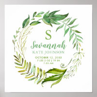 Boho Leaves Personalized Baby Birth Stats Poster