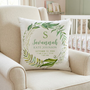 Boho Leaves Personalized Baby Birth Stats Throw Pillow