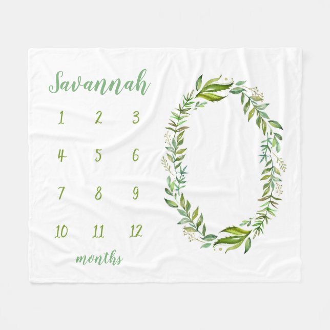Boho Leaves Personalized Baby Milestone Photo Fleece Blanket (Front (Horizontal))