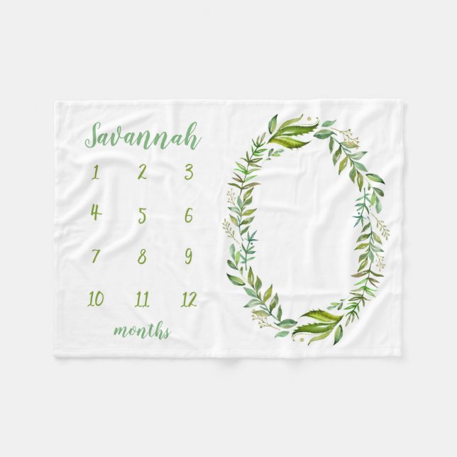 Boho Leaves Personalized Baby Milestone Photo Fleece Blanket (Front (Horizontal))